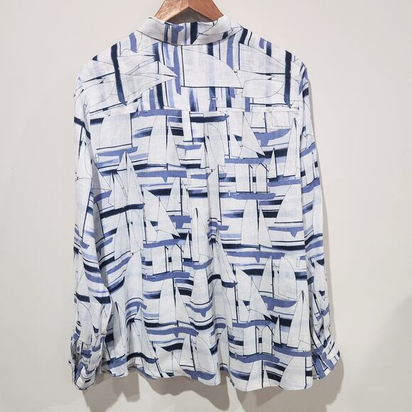Charter Club Womens White Blue 100% Linen Printed Roll Tab Top Size XL Nautical - Picture 4 of 9